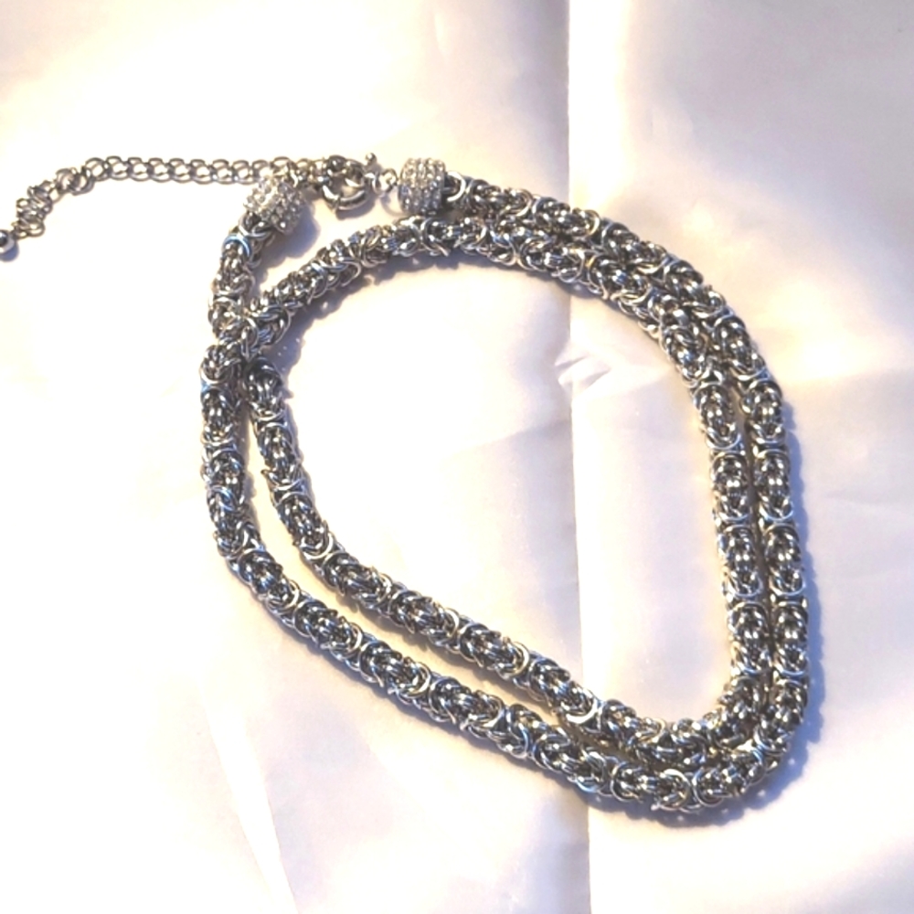 OPC Taggged Necklace, Byzantine Design, Silvertone, Rhinestones‎ Heavy, Vintage